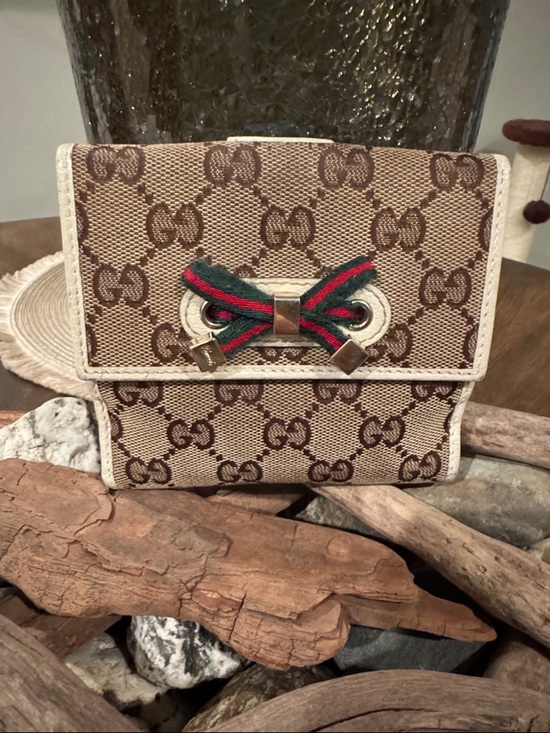 Gucci Handbags - Gucci Brown Monogram Canvas Wallet with Green-Red Web Bow